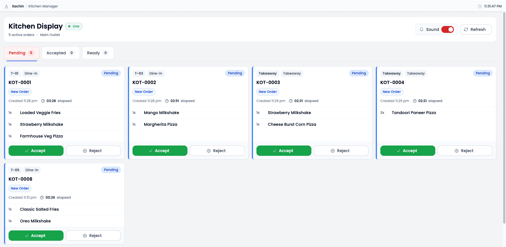 Dart-POS kitchen display screen showing pending KOT orders with accept and reject actions