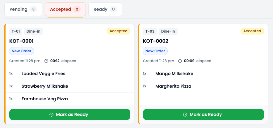 Dart-POS kitchen display screen showing an accepted KOT order