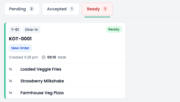 Dart-POS kitchen display screen showing a ready order