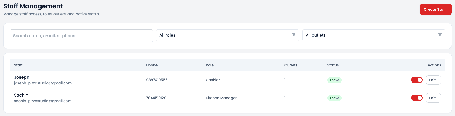 Dart-POS staff management screen listing staff, roles, and outlet access