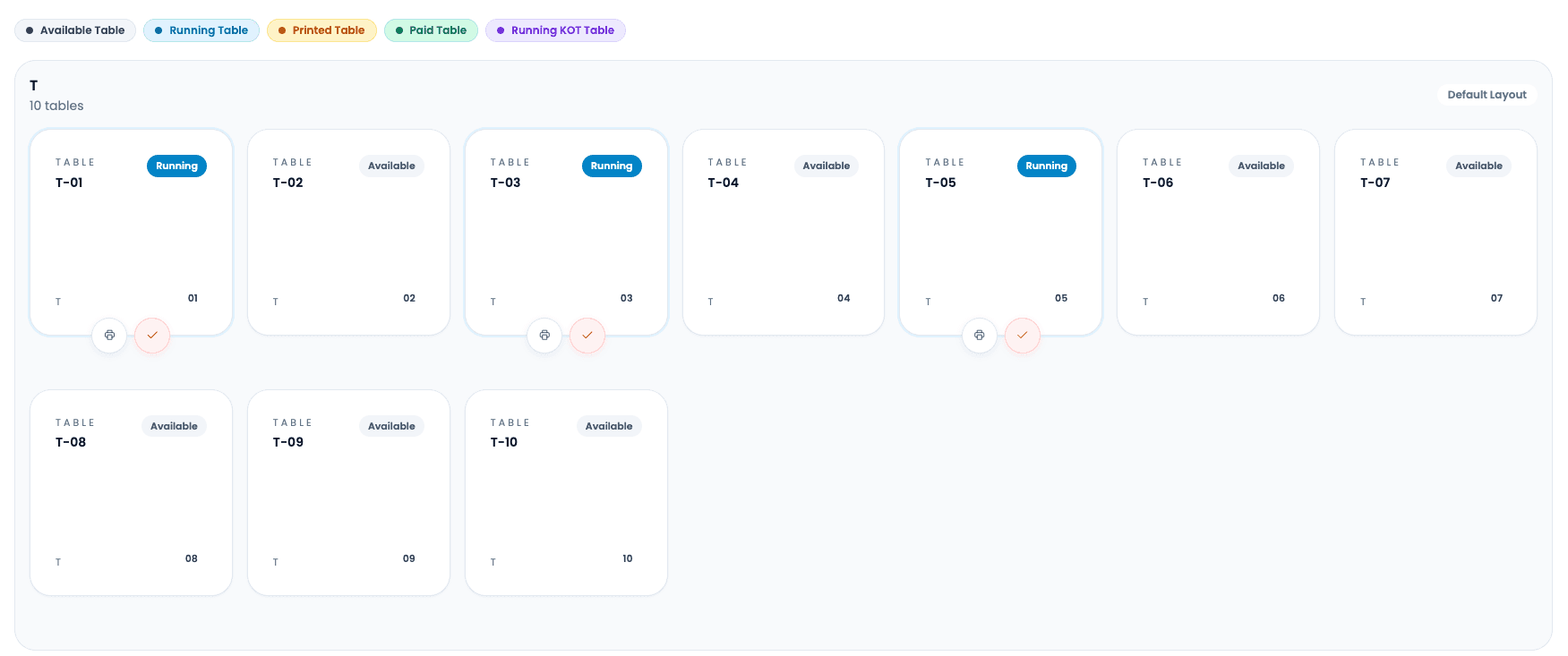 Dart-POS table screen showing running tables ready for quick billing actions