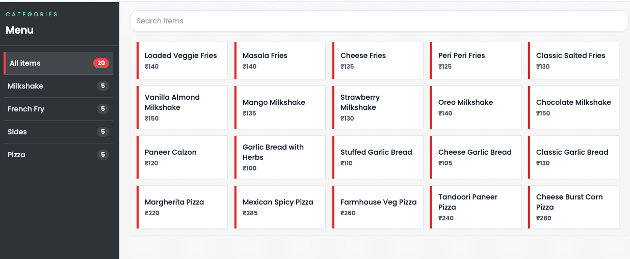 Dart-POS menu management screen with categories and item pricing