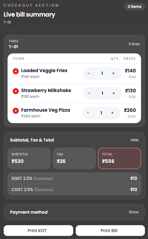 Dart-POS checkout screen with live bill summary and Print KOT and Print Bill actions