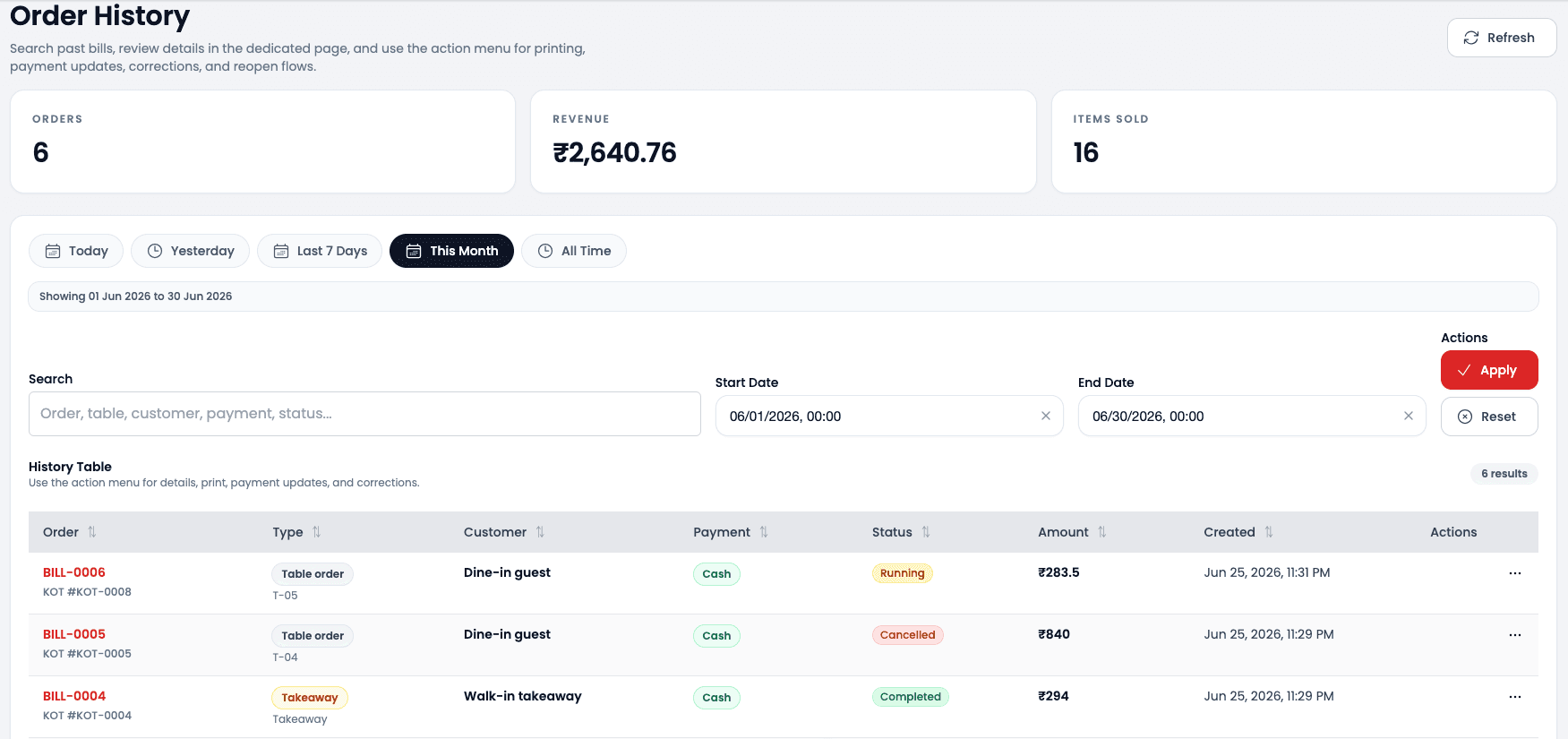 Dart-POS order history screen with search and date filters
